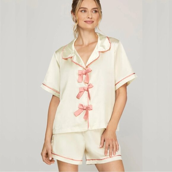 Bows & Satin 2 Piece PJs Set Ivory/Pink L NWT